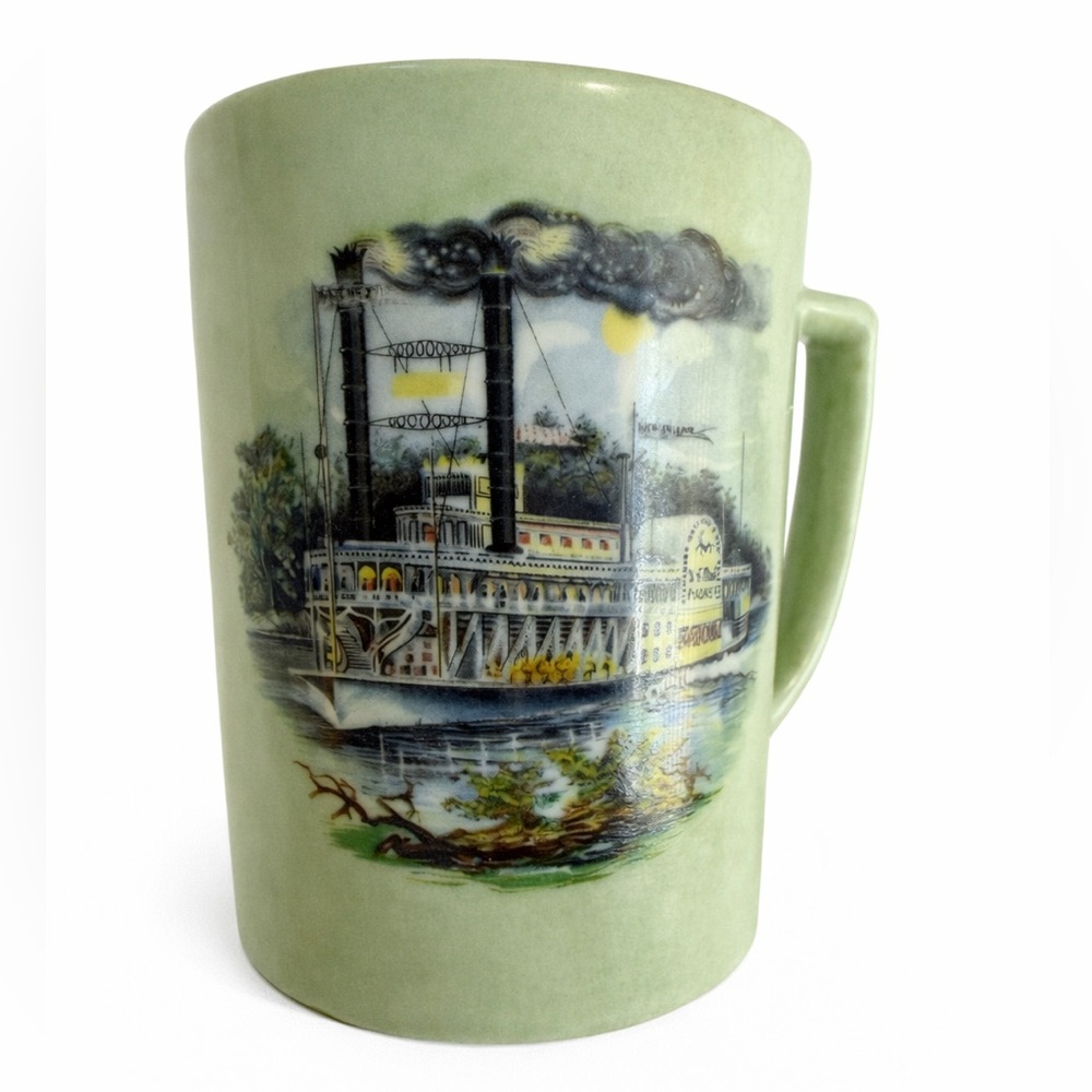 Vintage Coffee Mug Natchez Steamboat green 8 oz